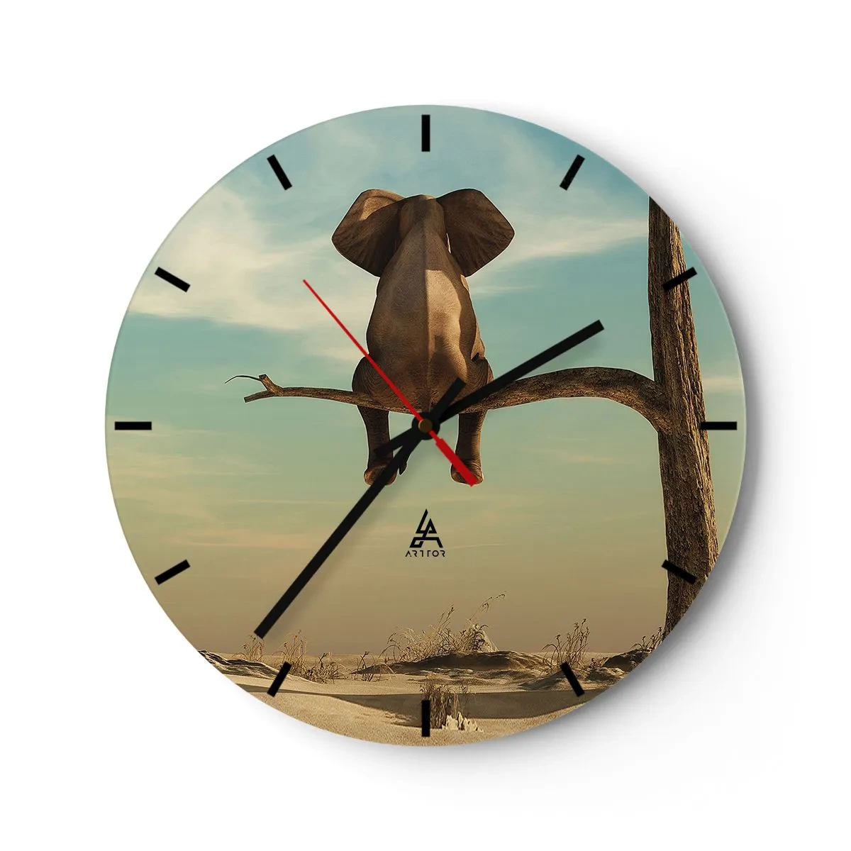 Horloge murale - Pendule murale - Un éléphant assis sur la branche d'un arbre solitaire contre le ciel - 30x30cm - Nouveau point de vue - Décoration murale moderne pour le salon, la cuisine et la chambre ARTTOR