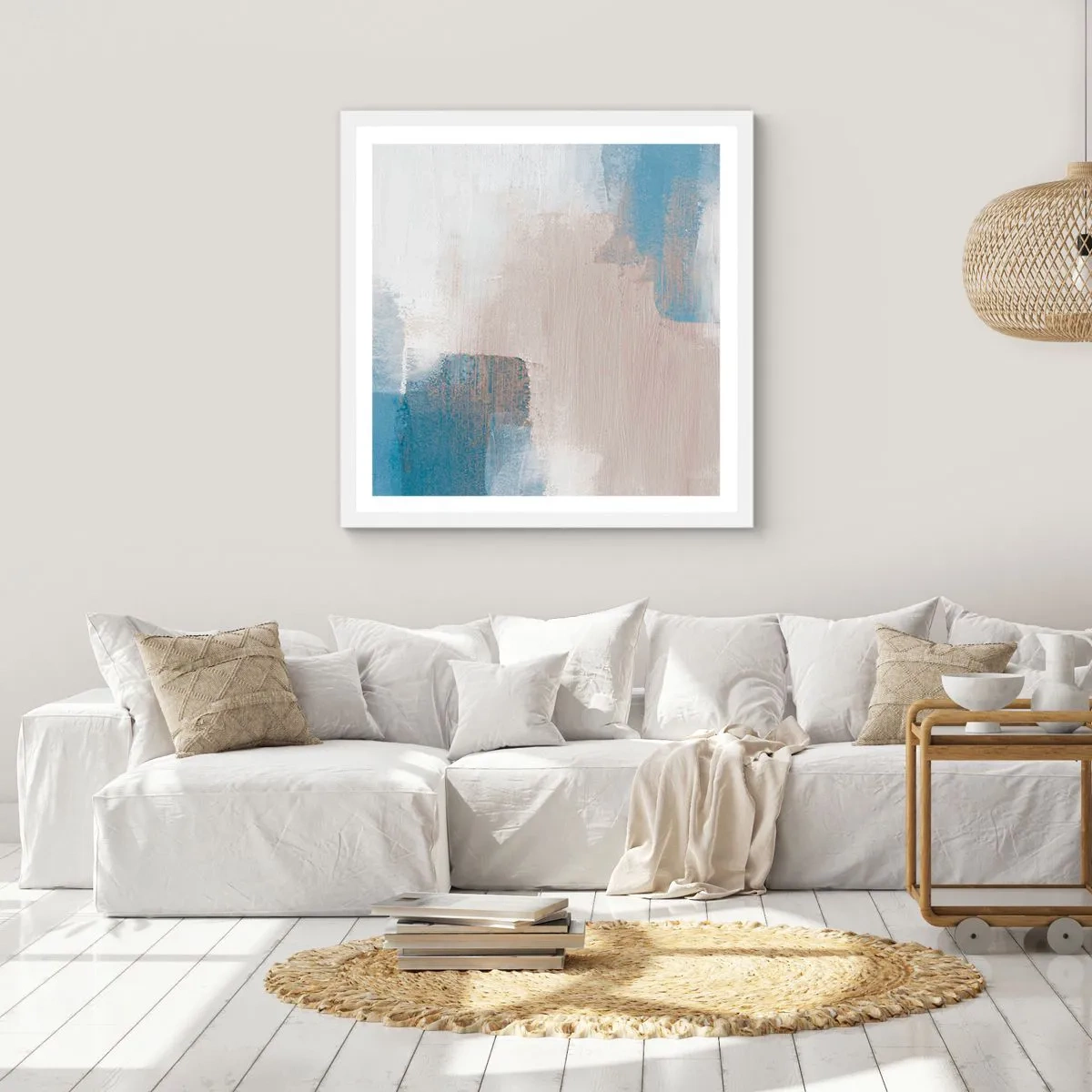 Affiche dans un cadre blanc - Poster - Abstraction rose derrière un rideau de bleu - 50x50 cm