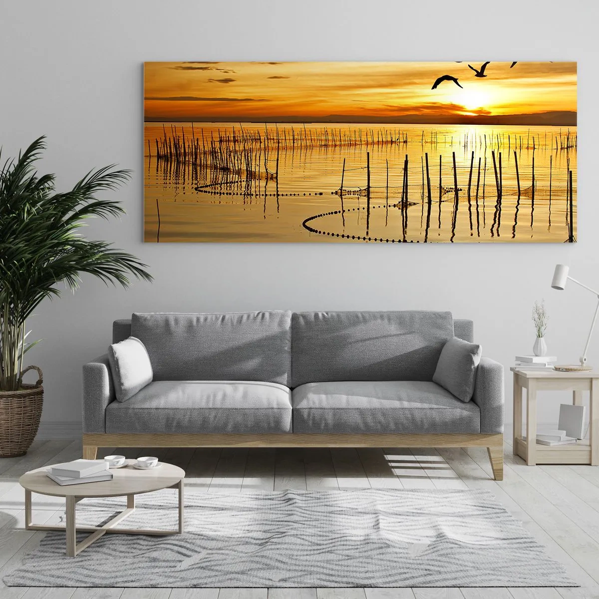 Impression sur verre - Image sur verre - Coucher de soleil sur l'eau avec des oiseaux en vol - 140x50cm - À la pêche - Décoration murale moderne pour le salon et la chambre ARTTOR