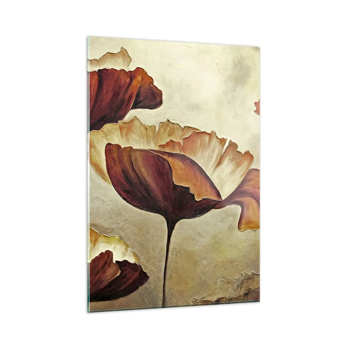 Impression sur verre - Image sur verre - Fleurs de pavot dans les tons de rouge et d'or sur fond clair - 50x70cm - À la lisière des champs - Décoration murale moderne pour le salon et la chambre ARTTOR
