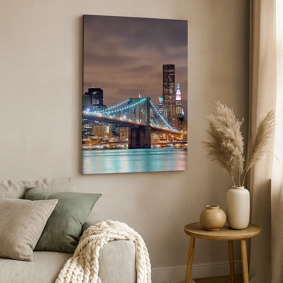 Impression sur toile - Image sur toile - Le pont illuminé la nuit sur fond de panorama urbain moderne - 50x70cm - Lumières des grandes villes - Décoration murale moderne pour le salon et la chambre ARTTOR