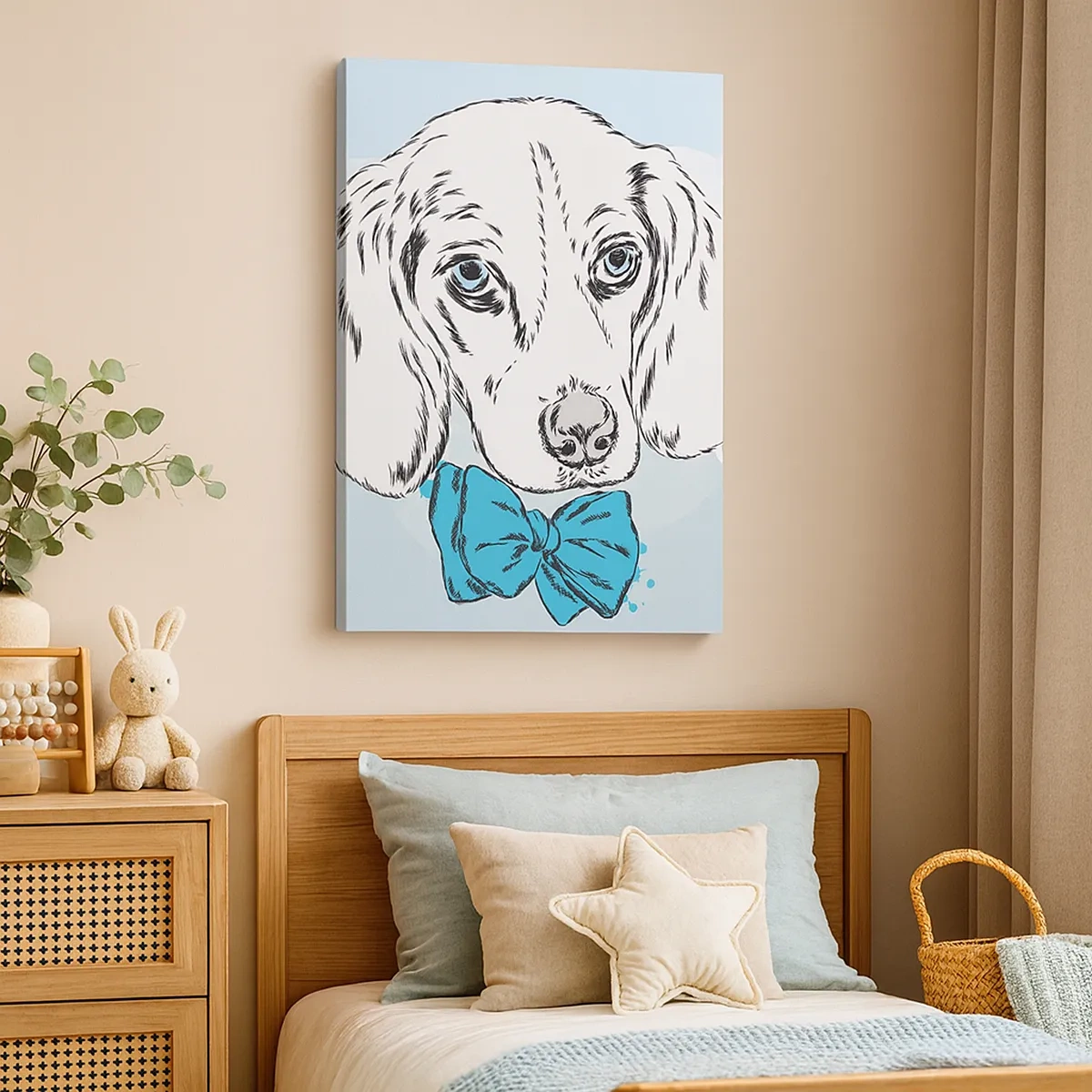 Impression sur toile - Image sur toile - Adorable graphique d'un chien avec un nœud papillon sur un fond pastel - 50x70cm - L'élégance du chien - Décoration murale moderne pour le salon et la chambre ARTTOR