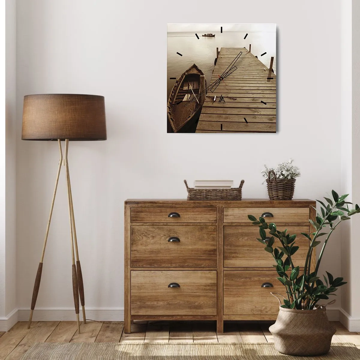 Horloge murale - Pendule murale - Jetée en bois et bateau sur un lac calme - 30x30cm - Le grand silence - Décoration murale moderne pour le salon et la chambre ARTTOR