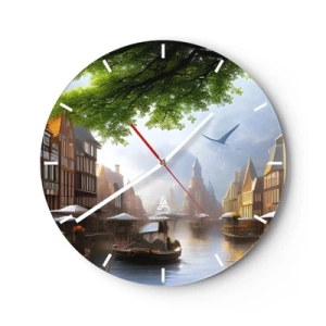 Horloge murale - Pendule murale - Canal d'eau avec bateaux et maisons historiques - 30x30cm - Paysage urbain néerlandais - Décoration murale moderne pour le salon, la cuisine et la chambre ARTTOR