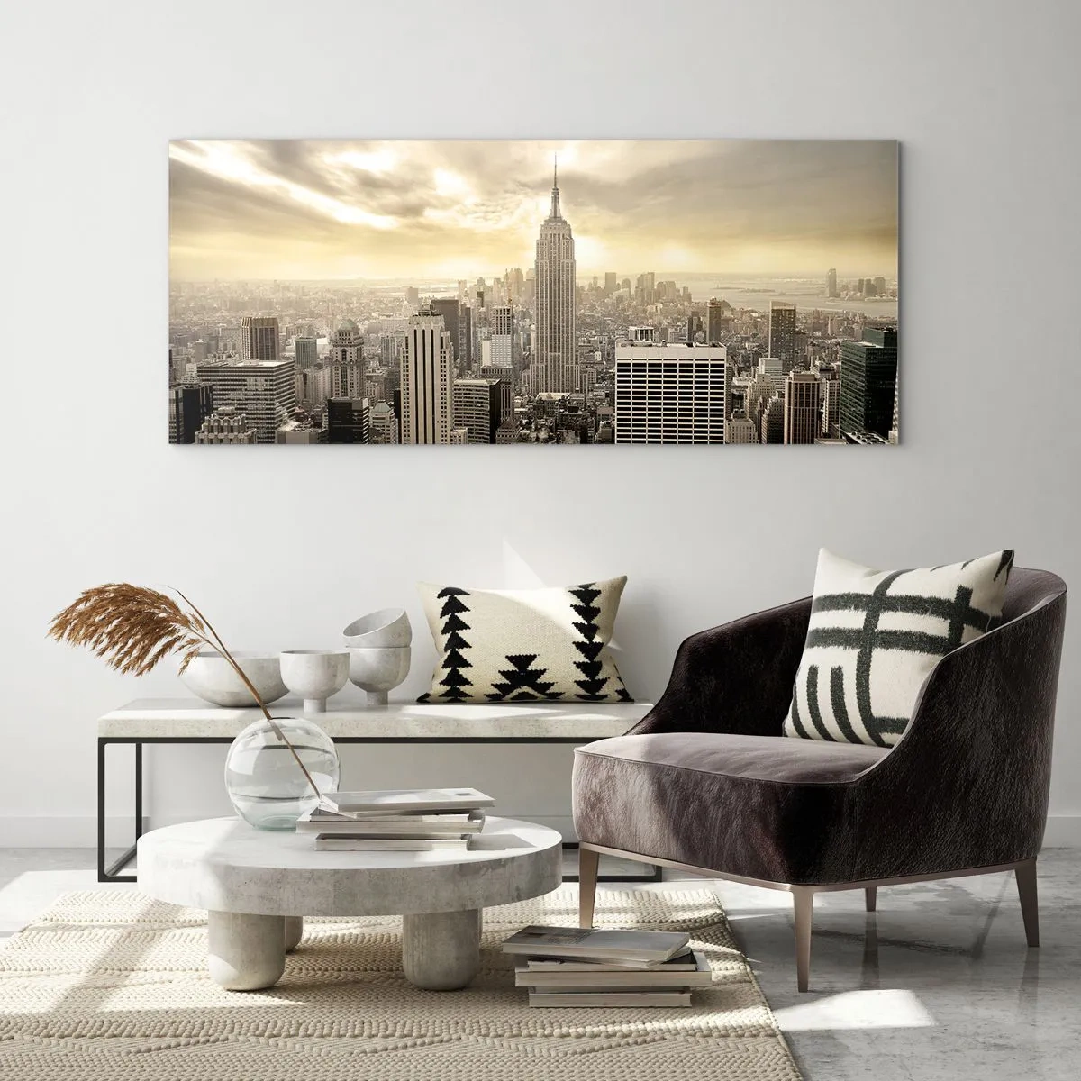 Impression sur verre - Image sur verre - Panorama de la ville avec vue sur l'Empire State Building - 140x50cm - New York tissé de gris - Décoration murale moderne pour le salon et la chambre ARTTOR