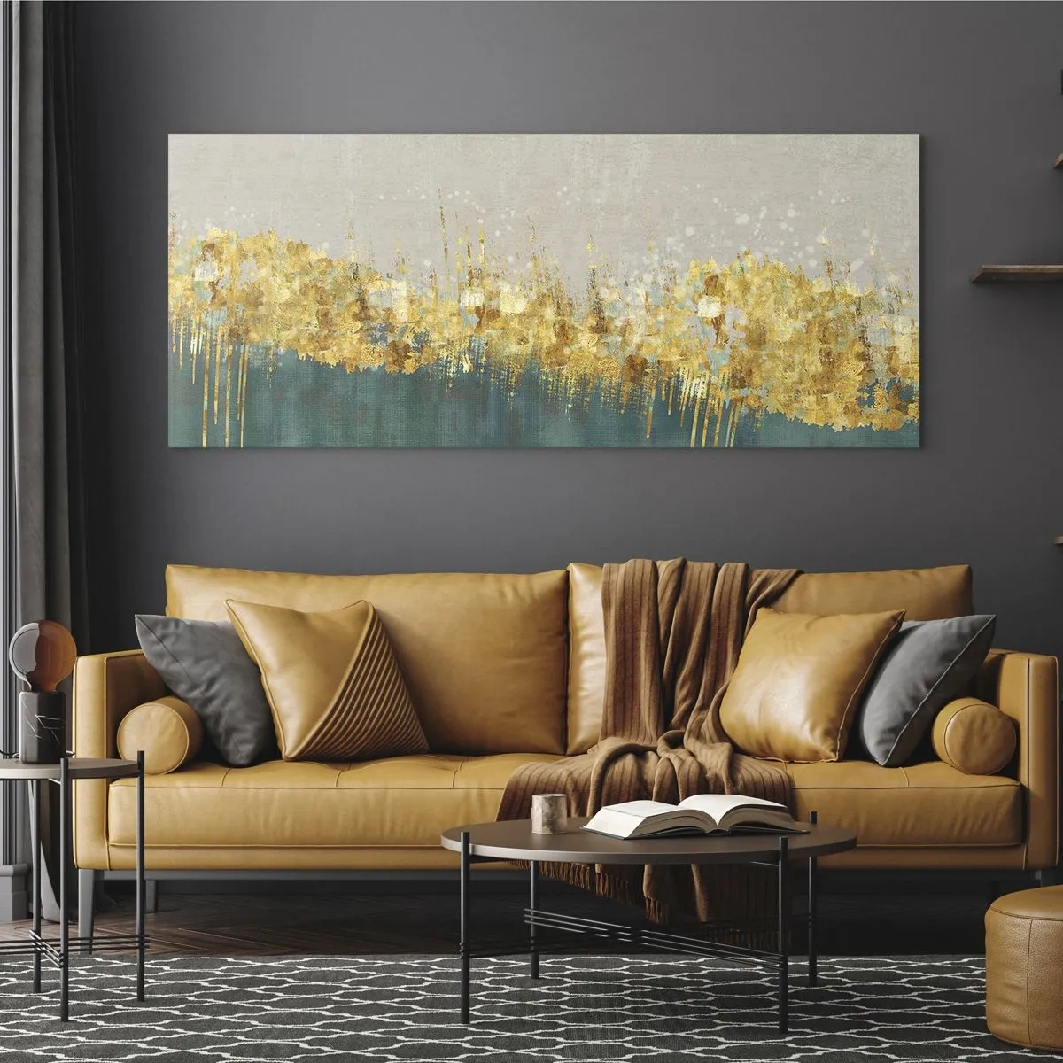 Impression sur verre - Image sur verre - Des accents dorés sur un fond vert-beige - 120x50cm - La frontière dorée - Décoration murale moderne pour le salon et la chambre ARTTOR