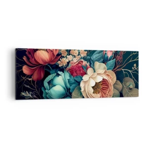 Impression sur toile - Image sur toile - Une composition colorée de fleurs sur un fond sombre - 140x50cm - le charme du 19ème siècle - Décoration murale moderne pour le salon et la chambre ARTTOR