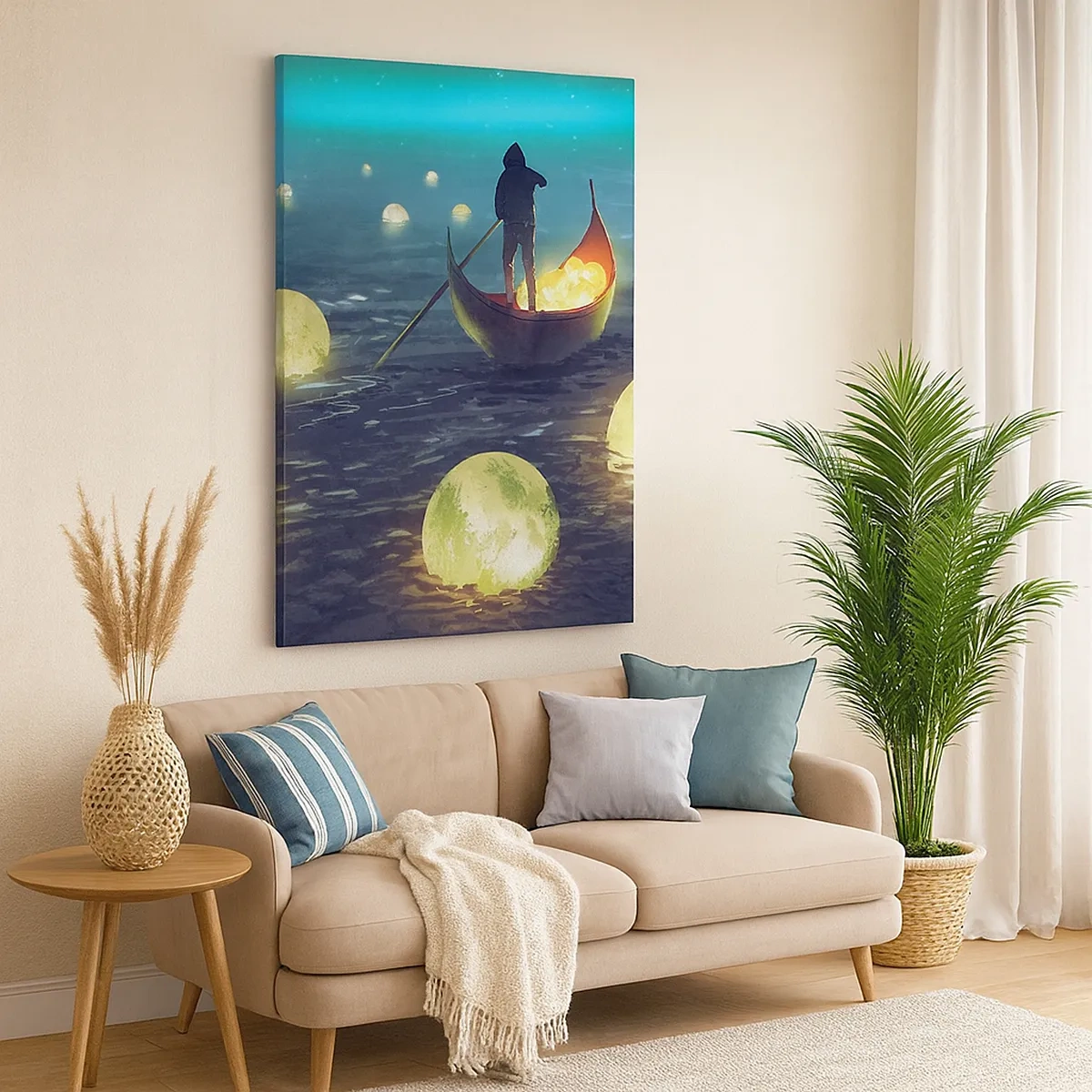 Impression sur toile - Image sur toile - Une silhouette dans un bateau entourée de boules lumineuses sur l'eau - 50x70cm - Des choses dont les philosophes n'ont jamais rêvé - Décoration murale moderne pour le salon et la chambre ARTTOR