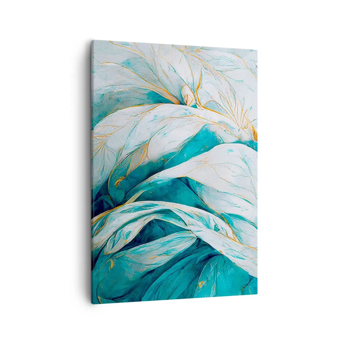 Impression sur toile - Image sur toile - Feuilles bleues abstraites avec des détails dorés - 50x70cm - Abstraction bleue avec un motif doré - Décoration murale moderne pour le salon et la chambre ARTTOR