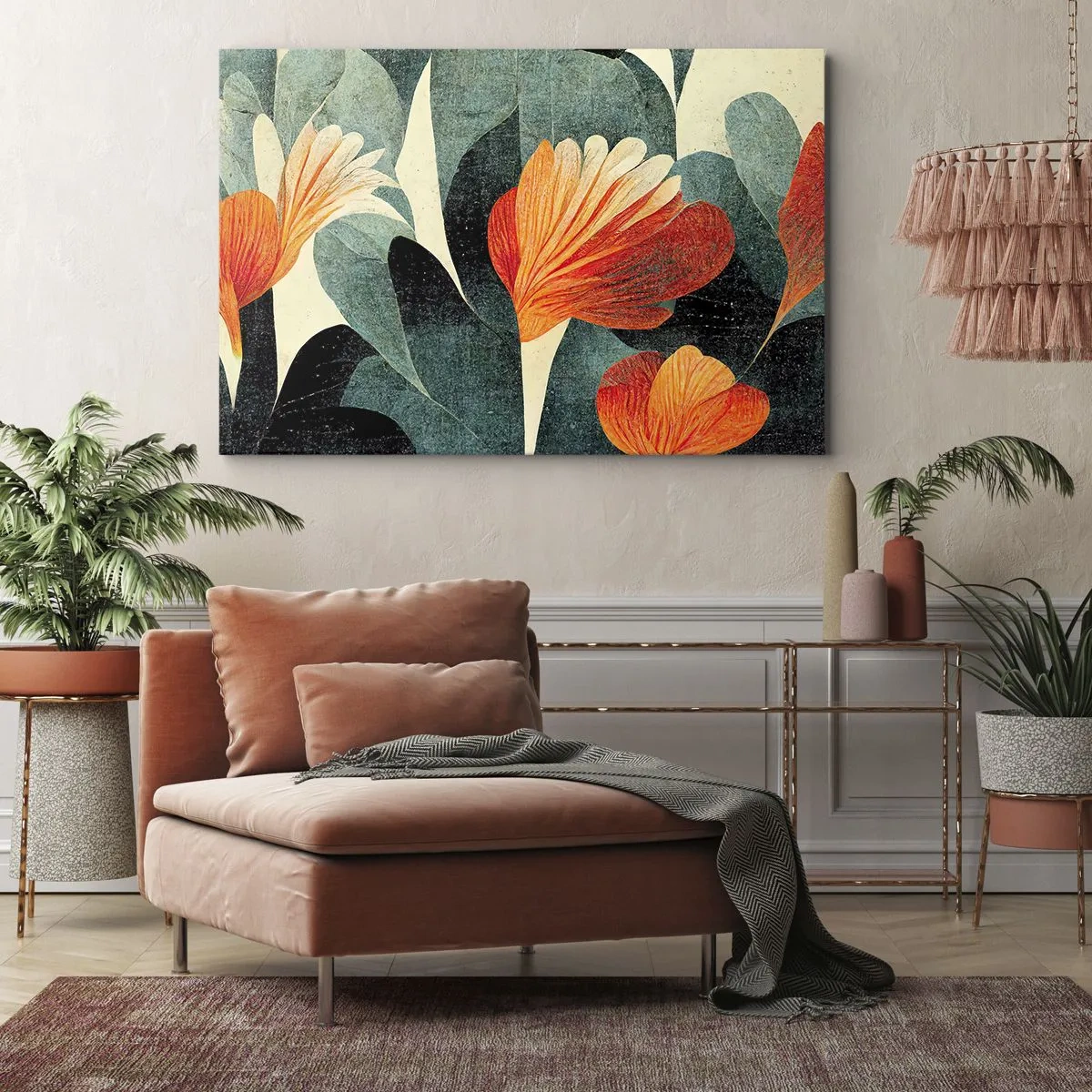 Impression sur toile - Image sur toile - Fleurs aux tons intenses d'orange et de vert - 120x80cm - La chaleur des tropiques et la fraîcheur de la verdure - Décoration murale moderne pour le salon et la chambre ARTTOR