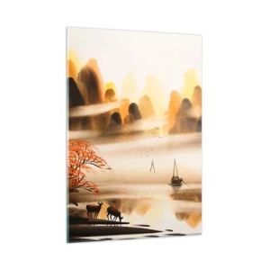 Impression sur verre - Image sur verre - Paysage oriental avec bateaux et montagnes dans le brouillard - 50x70cm - Plus loin que l'Extrême-Orient - Décoration murale moderne pour le salon et la chambre ARTTOR
