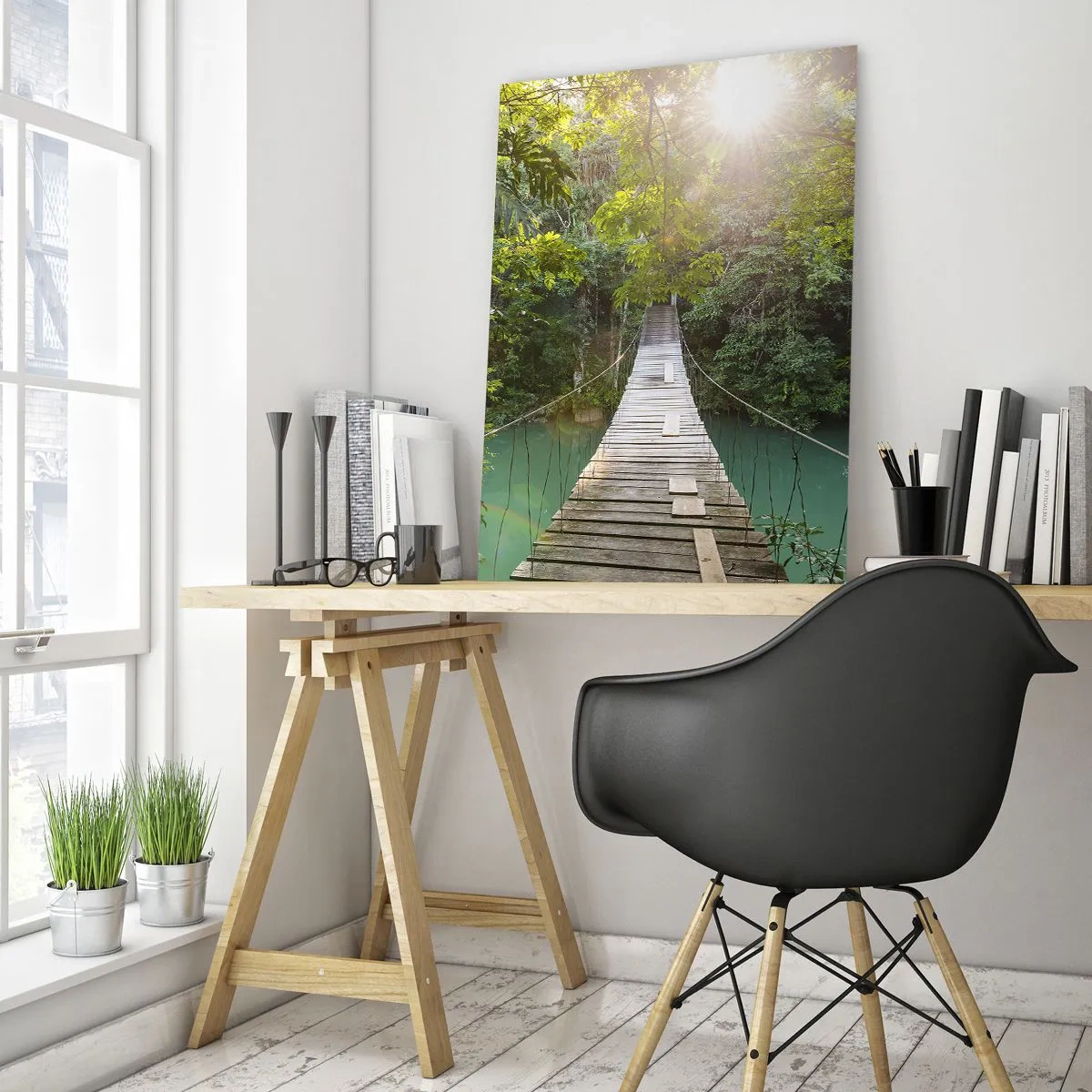 Impression sur verre - Image sur verre - Un pont suspendu dans une forêt tropicale illuminée par la lumière du soleil. - 80x120cm - De l'eau azur à la forêt azur - Décoration murale moderne pour le salon et la chambre ARTTOR