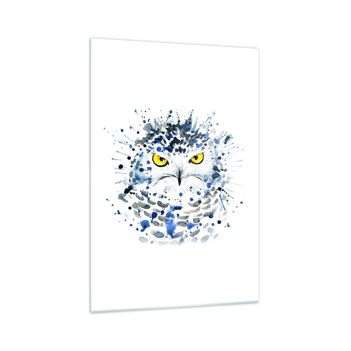 Impression sur verre - Image sur verre - Portrait abstrait d'un hibou aux couleurs bleu et jaune - 70x100cm - Droit dans les yeux - Décoration murale moderne pour le salon et la chambre ARTTOR