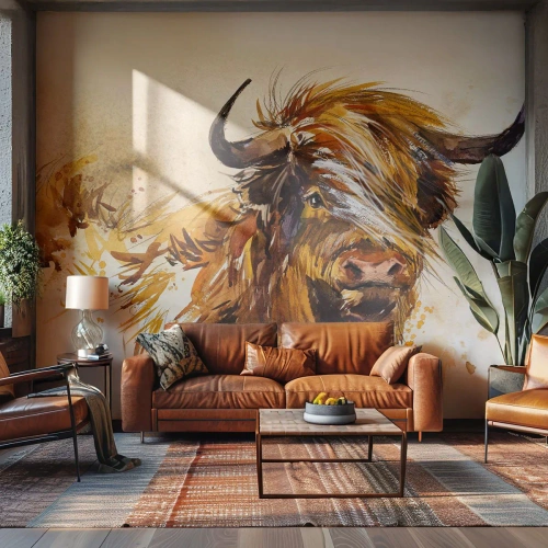 Papier Peint Photo Premium Sand - Fierté du chasseur - Animaux, Abstraction, Buffle écossais - 400x280 cm