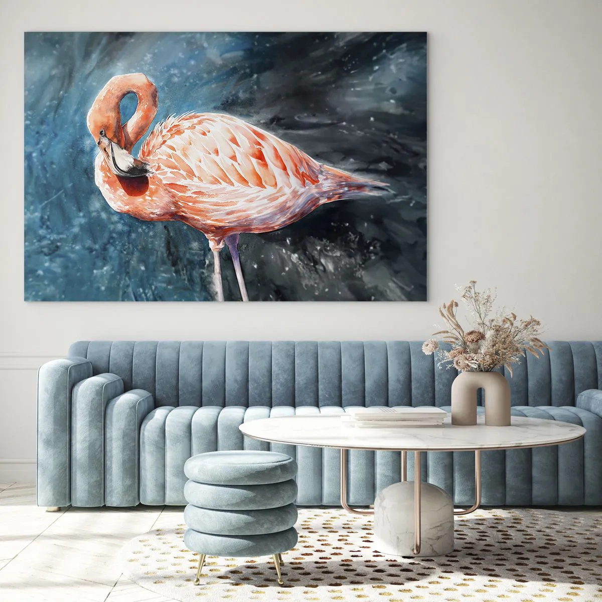Impression sur verre - Image sur verre - Un flamant rose sur un fond aquarelle bleu - 120x80cm - Décoratif par nature - Décoration murale moderne pour le salon et la chambre ARTTOR
