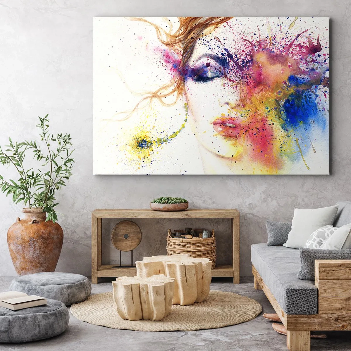 Impression sur toile - Image sur toile - Un portrait artistique d'une femme aux couleurs aquarelles expressives. - 120x80cm - Vertiges arc-en-ciel - Décoration murale moderne pour le salon et la chambre ARTTOR
