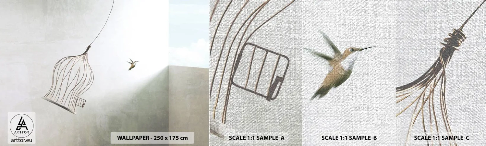 Échantillon de Papier Peint Premium Canvas - Dans son élément - Abstraction, Oiseau, Cage à oiseaux - 100x30 cm