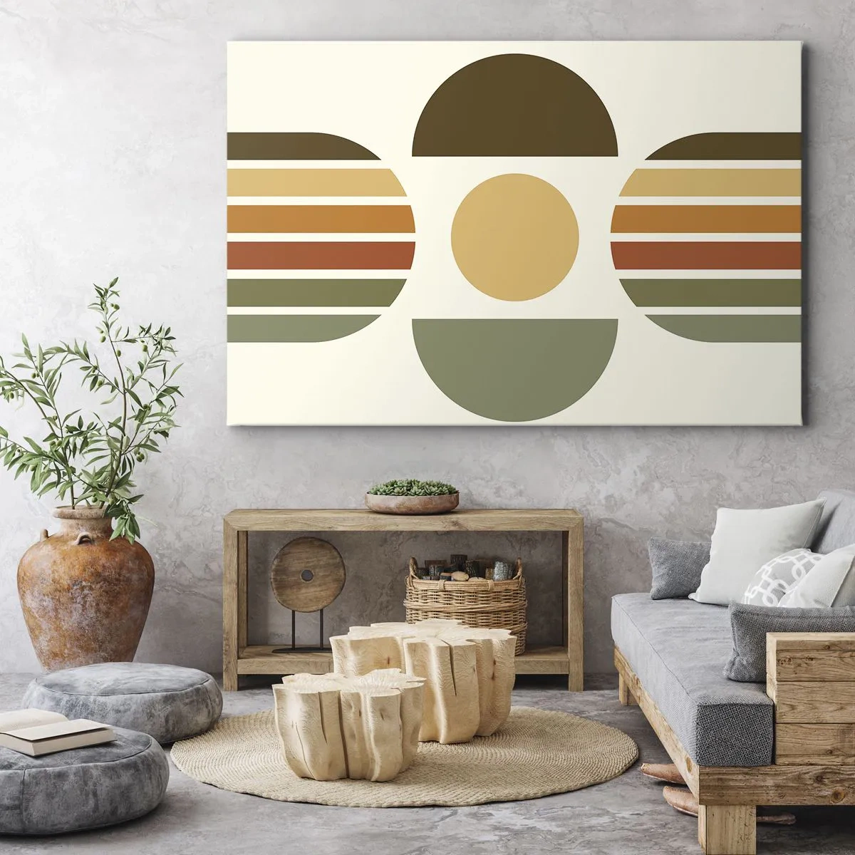 Impression sur toile - Image sur toile - Composition géométrique avec des demi-cercles et des rayures dans des tons terreux - 120x80cm - Dans les coulaurs de la terre - Décoration murale moderne pour le salon et la chambre ARTTOR
