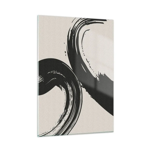 Impression sur verre - Image sur verre - Coups de pinceau calligraphiques noirs et dynamiques sur fond clair. - 50x70cm - Balayage circulaire - Décoration murale moderne pour le salon et la chambre ARTTOR