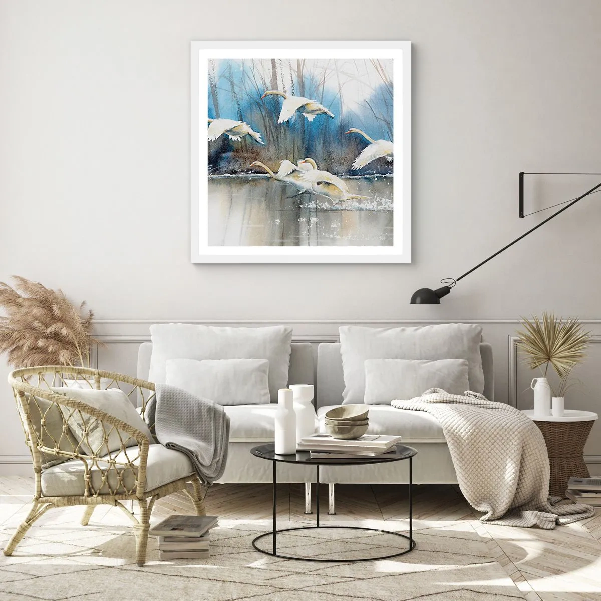 Affiche dans un cadre blanc - Poster - Comme dans un conte de fées sur les cygnes sauvages - 40x40 cm