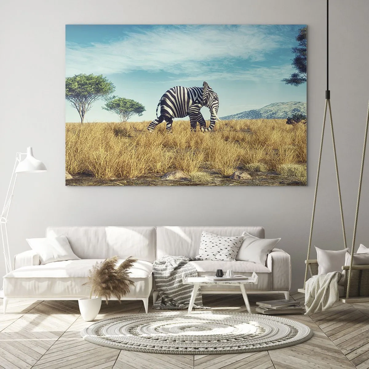 Impression sur verre - Image sur verre - Un éléphant avec des rayures de zèbre dans la savane sous le ciel - 100x70cm - Le gris n'est déjà plus à la mode - Décoration murale moderne pour le salon et la chambre ARTTOR