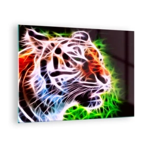 Impression sur verre - Image sur verre - Un tigre aux couleurs néon et lumineuses - 70x50cm - L'aura dangereux - Décoration murale moderne pour le salon et la chambre ARTTOR