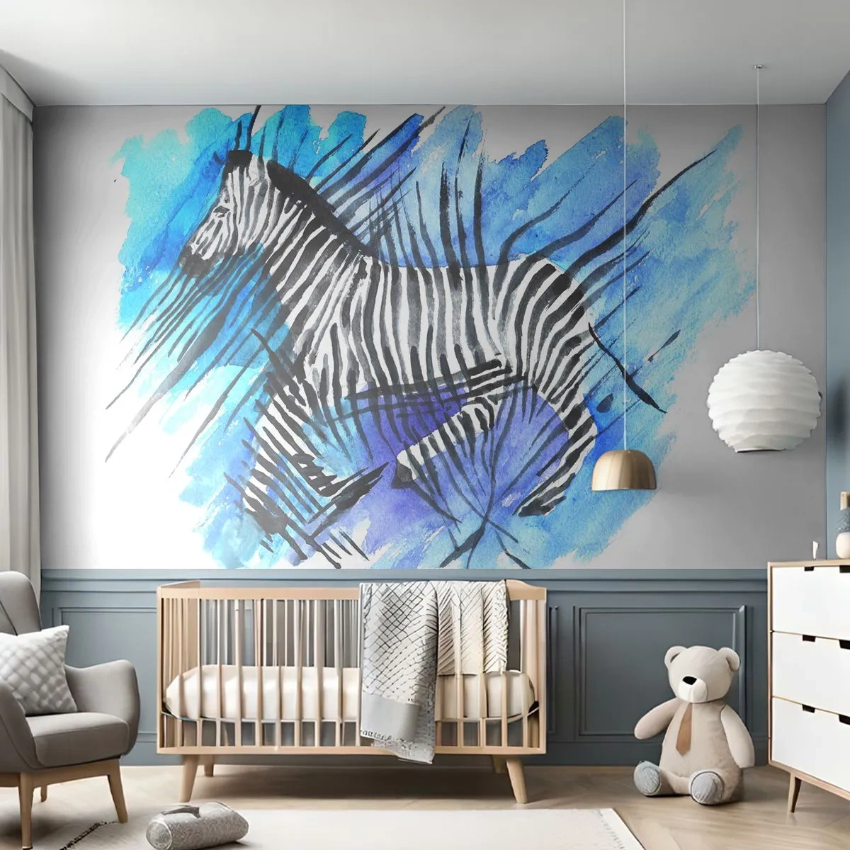 Papier Peint Photo Premium Sand - Zèbre à l'aquarelle sur un fond abstrait dans des tons de bleu - 100x70cm - Caché dans les rayures - Décoration murale moderne pour le salon et la chambre ARTTOR