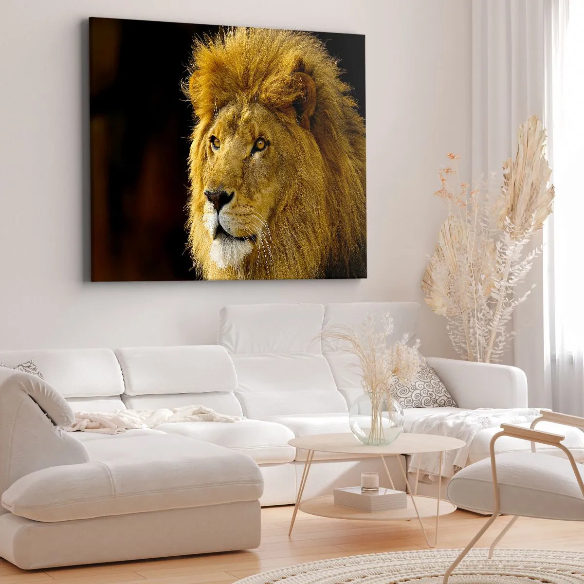 Impression sur toile - Image sur toile - Portrait d'un lion à la crinière majestueuse sur fond sombre - 120x80cm - Portrait de roi - Décoration murale moderne pour le salon et la chambre ARTTOR