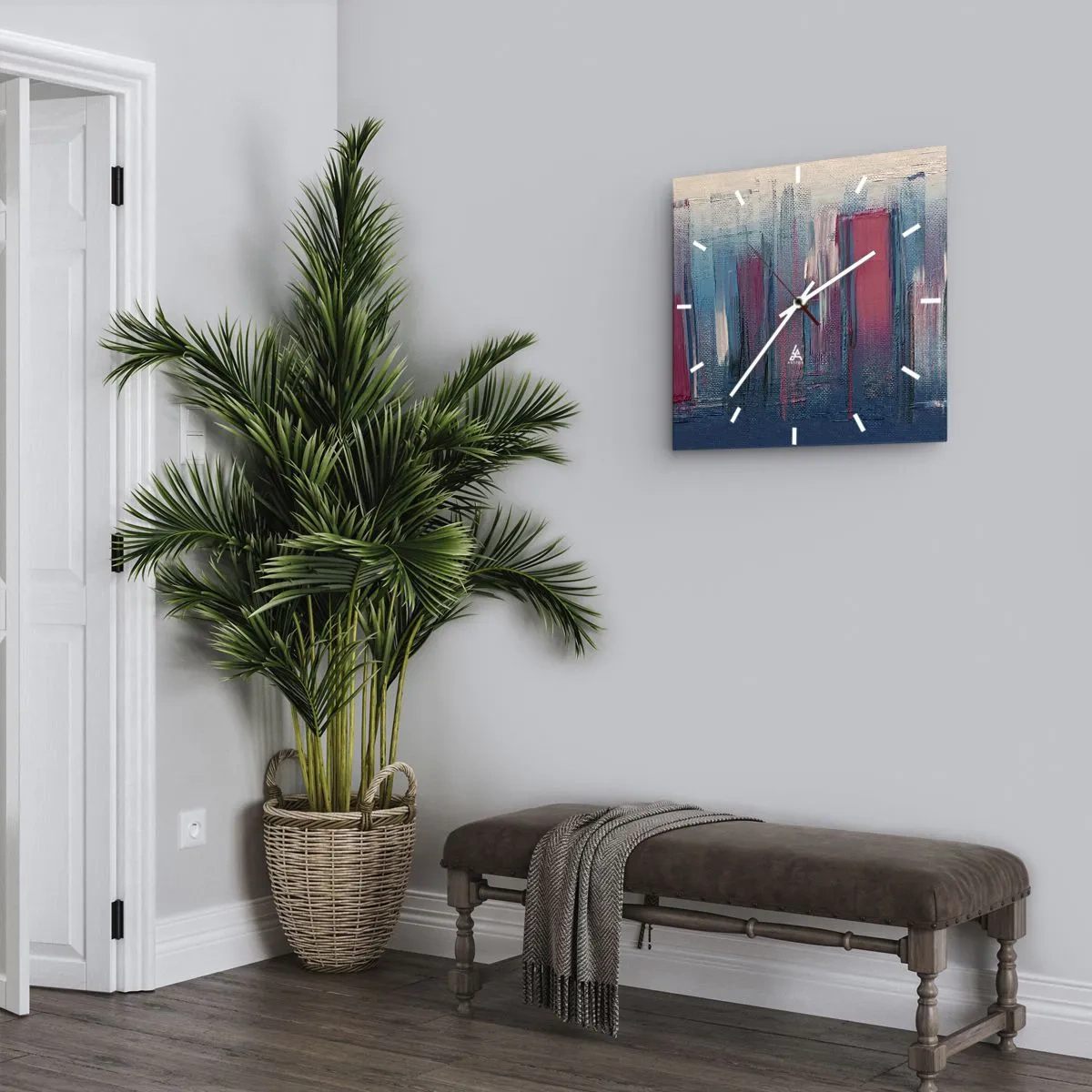 Horloge murale - Pendule murale - Formes verticales abstraites dans des tons de bleu et de rouge - 30x30cm - Composition verticale en bleu et rouge - Décoration murale moderne pour le salon et la chambre ARTTOR