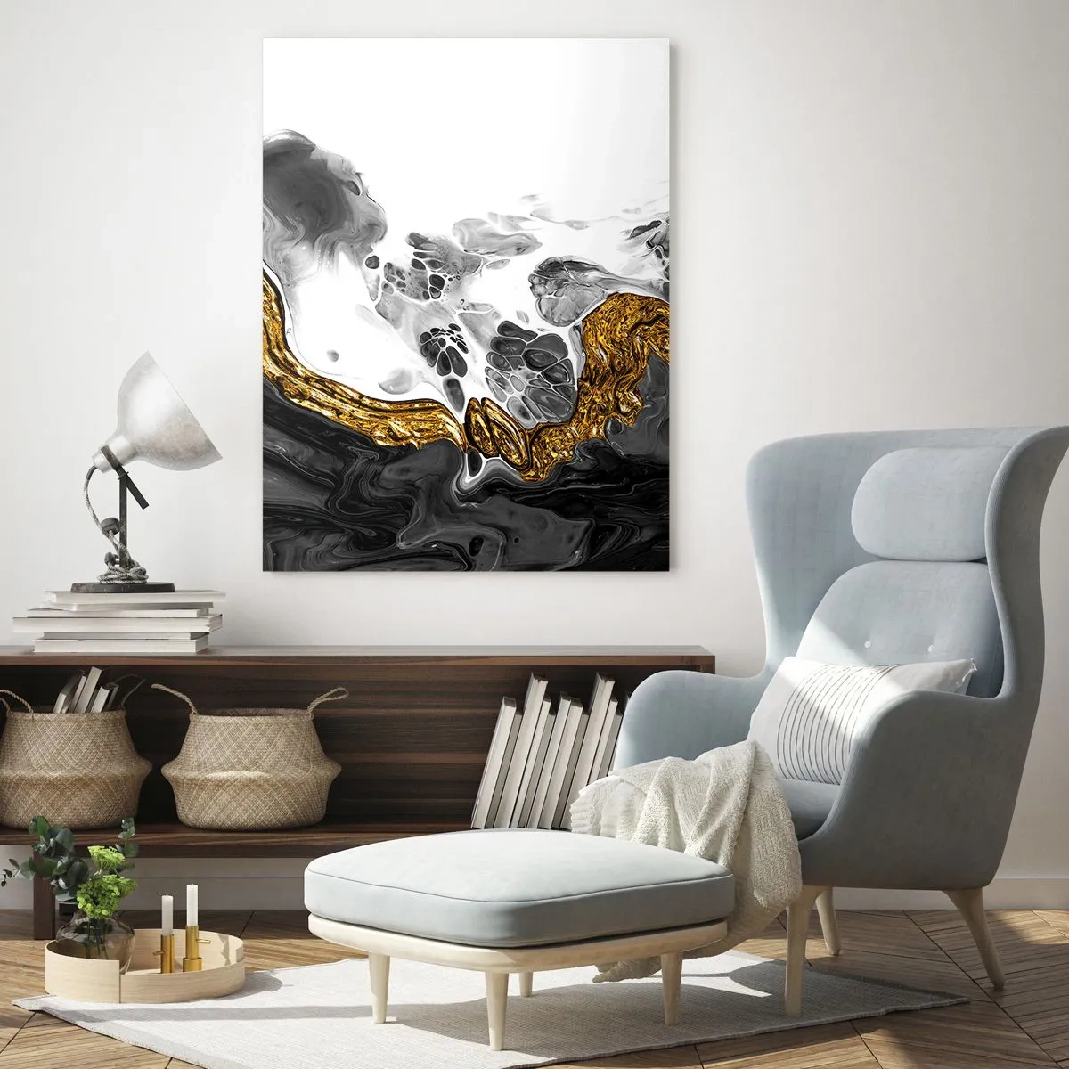 Impression sur verre - Image sur verre - Une composition abstraite avec des accents d'or et de noir. - 70x100cm - Composition organique - Décoration murale moderne pour le salon et la chambre ARTTOR