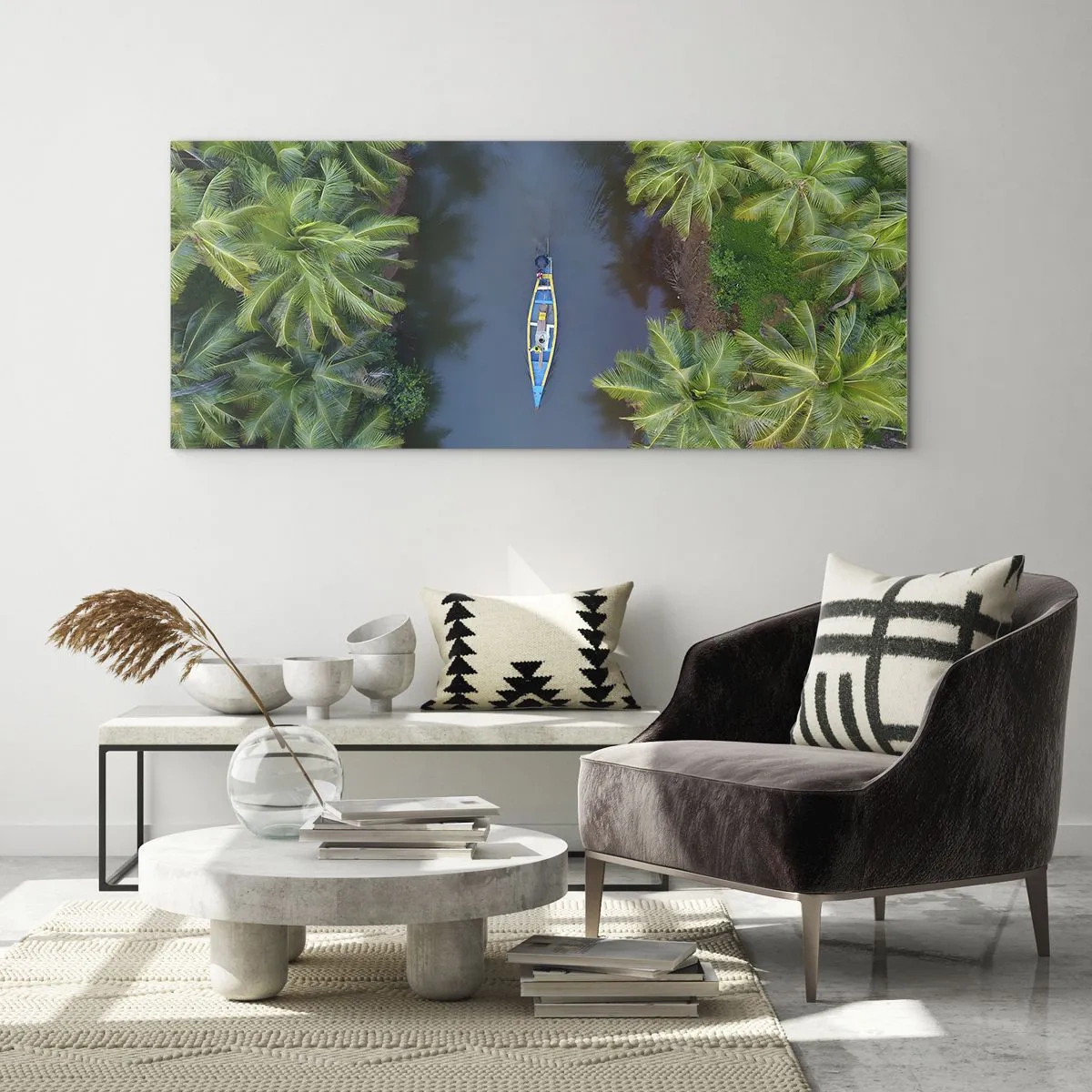 Impression sur verre - Image sur verre - Vue aérienne d'un bateau sur une rivière entourée de palmiers - 140x50cm - Sur un sentier tropical - Décoration murale moderne pour le salon et la chambre ARTTOR