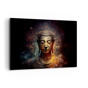 Impression sur toile - Image sur toile - Bouddha doré sur fond sombre avec ornements - 120x80cm - Équilibre spirituel - Décoration murale moderne pour le salon et la chambre ARTTOR