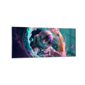 Impression sur verre - Image sur verre - Astronaute dans une aura cosmique colorée - 120x50cm - porte des étoiles - Décoration murale moderne pour le salon et la chambre ARTTOR