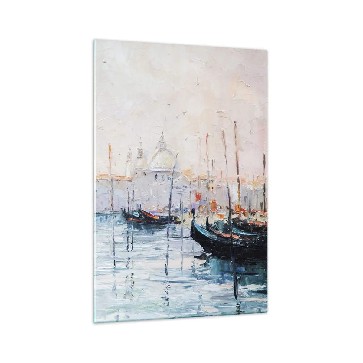 Impression sur verre - Image sur verre - Vue pittoresque des canaux avec des bateaux aux couleurs pastel - 70x100cm - Derrière l'eau, derrière le brouillard - Décoration murale moderne pour le salon et la chambre ARTTOR