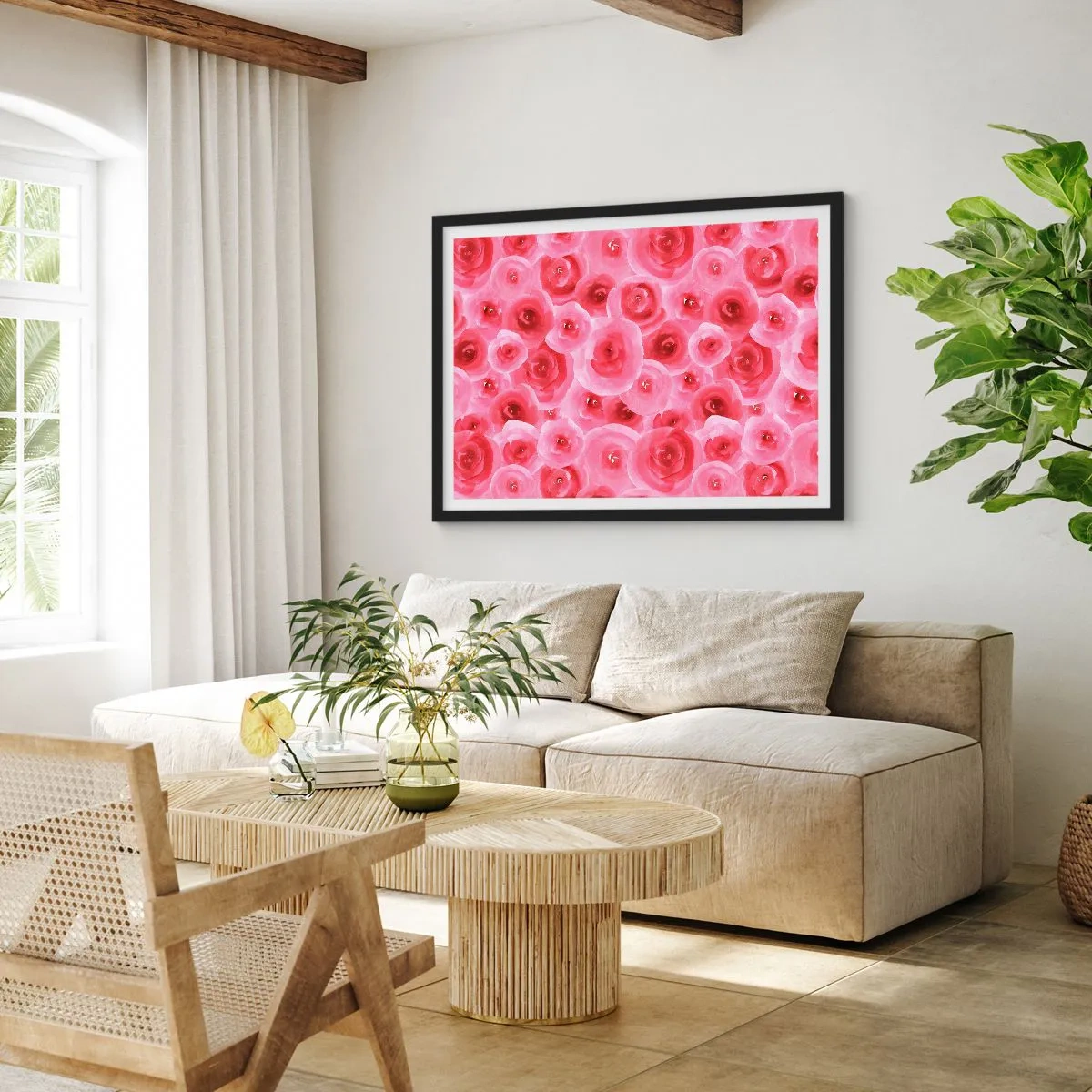 Affiche dans un cadre noir - Poster - Roses délicates dans des tons pastel de rose - 70x50cm - Roses en-haut et en-bas - Décoration murale moderne pour le salon et la chambre ARTTOR