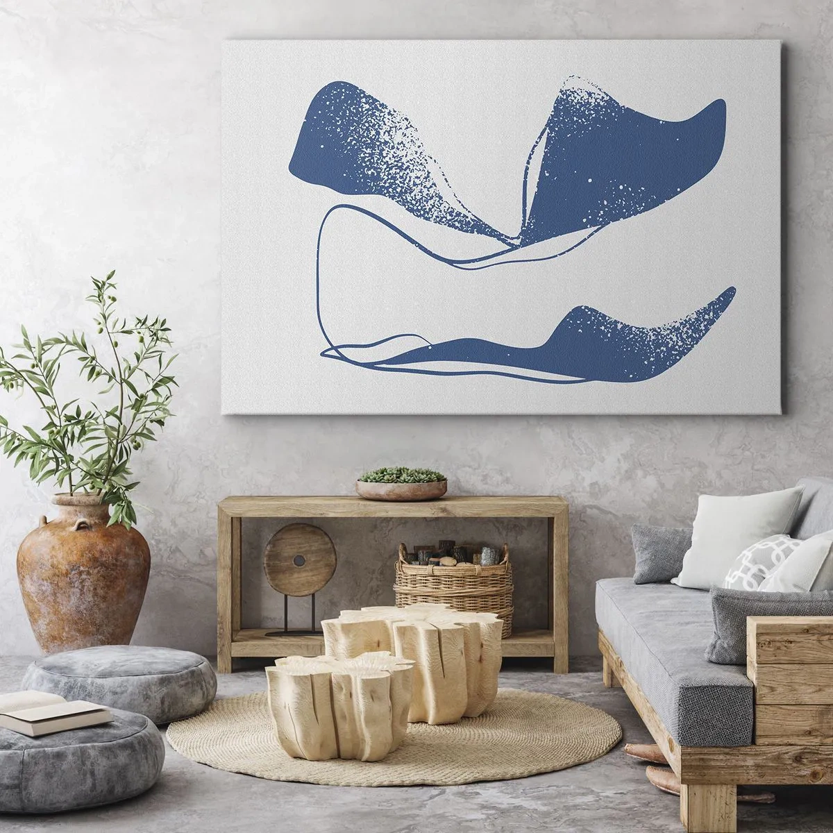 Impression sur toile - Image sur toile - Formes abstraites dans des tons bleus sur fond blanc - 100x70cm - Abstraction ailée - Décoration murale moderne pour le salon et la chambre ARTTOR