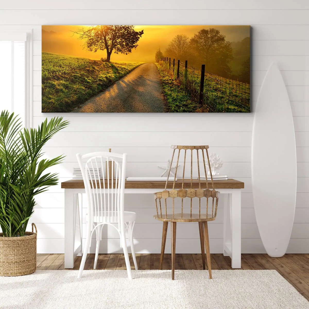 Impression sur toile - Image sur toile - Une route pittoresque au coucher du soleil avec un arbre solitaire en arrière-plan - 140x50cm - Après-midi de miel - Décoration murale moderne pour le salon et la chambre ARTTOR