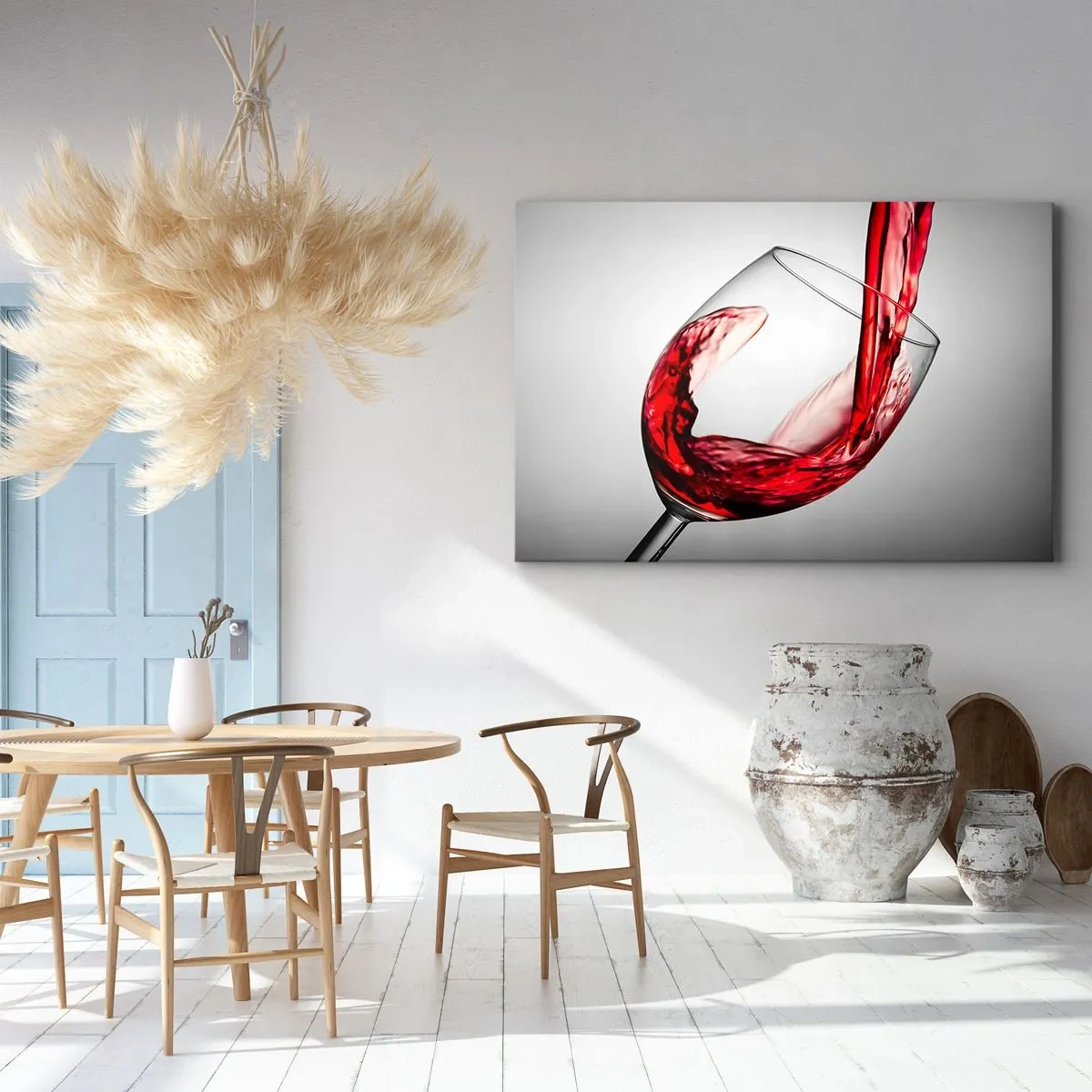 Impression sur toile - Image sur toile - Un verre de vin rouge versé sur un fond clair - 120x80cm - Nuance - mouvement - son - Décoration murale moderne pour le salon et la chambre ARTTOR