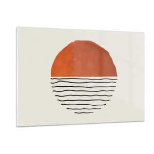 Impression sur verre - Image sur verre - Soleil minimaliste sur la ligne des vagues - 120x80cm - Dans un climat japonnais - Décoration murale moderne pour le salon et la chambre ARTTOR