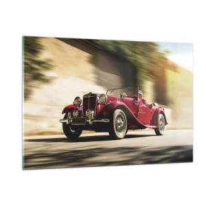 Impression sur verre - Image sur verre - Cabriolet rouge classique en mouvement sur fond de rue et de paysage flou - 120x80cm - Plus belle que Nike de Samothrace - Décoration murale moderne pour le salon et la chambre ARTTOR
