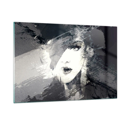 Impression sur verre - Image sur verre - Le visage d'une femme est partiellement recouvert de taches grises abstraites. - 120x80cm - Derrière un voile gris - Décoration murale moderne pour le salon et la chambre ARTTOR
