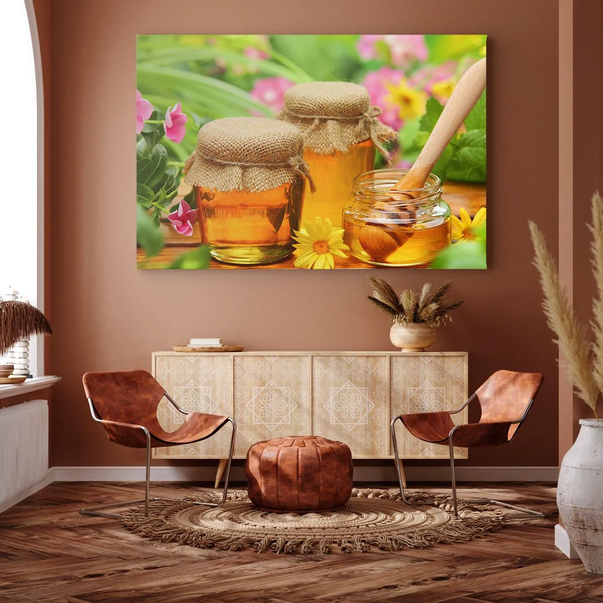 Impression sur toile - Image sur toile - Pots de miel avec des fleurs sur fond de jardin d'été - 70x50cm - Doux et fleuri - Décoration murale moderne pour le salon et la chambre ARTTOR