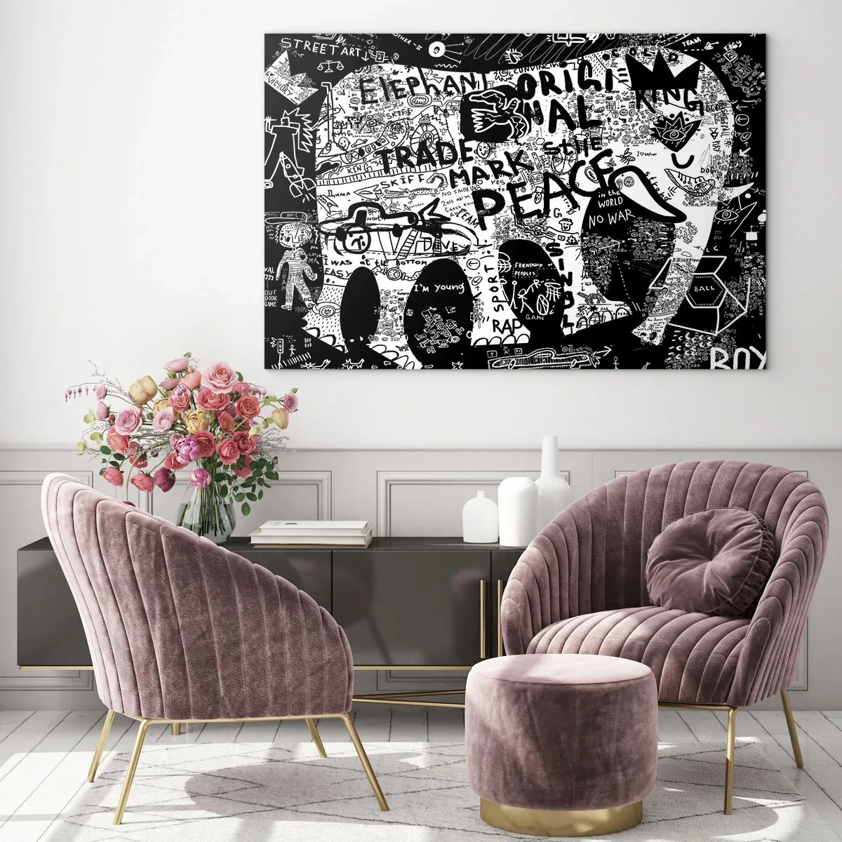Impression sur verre - Image sur verre - Image de graffiti en noir et blanc avec des thèmes de paix et de liberté - 70x50cm - La richesse des rues - Décoration murale moderne pour le salon et la chambre ARTTOR