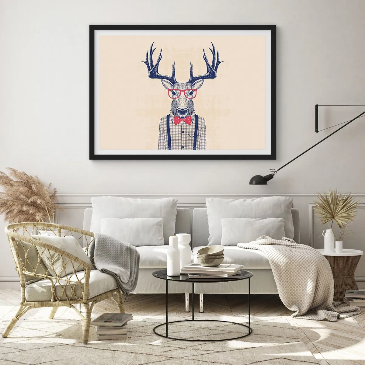 Affiche dans un cadre noir - Poster - Graphique stylisé d'un cerf portant des lunettes et un nœud papillon - 100x70cm - Une extravagance amusante - Décoration murale moderne pour le salon et la chambre ARTTOR