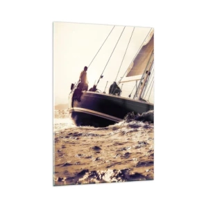 Impression sur verre - Image sur verre - Un yacht sur une mer agitée à la lumière du soleil couchant - 80x120cm - Navigue, marin - Décoration murale moderne pour le salon et la chambre ARTTOR