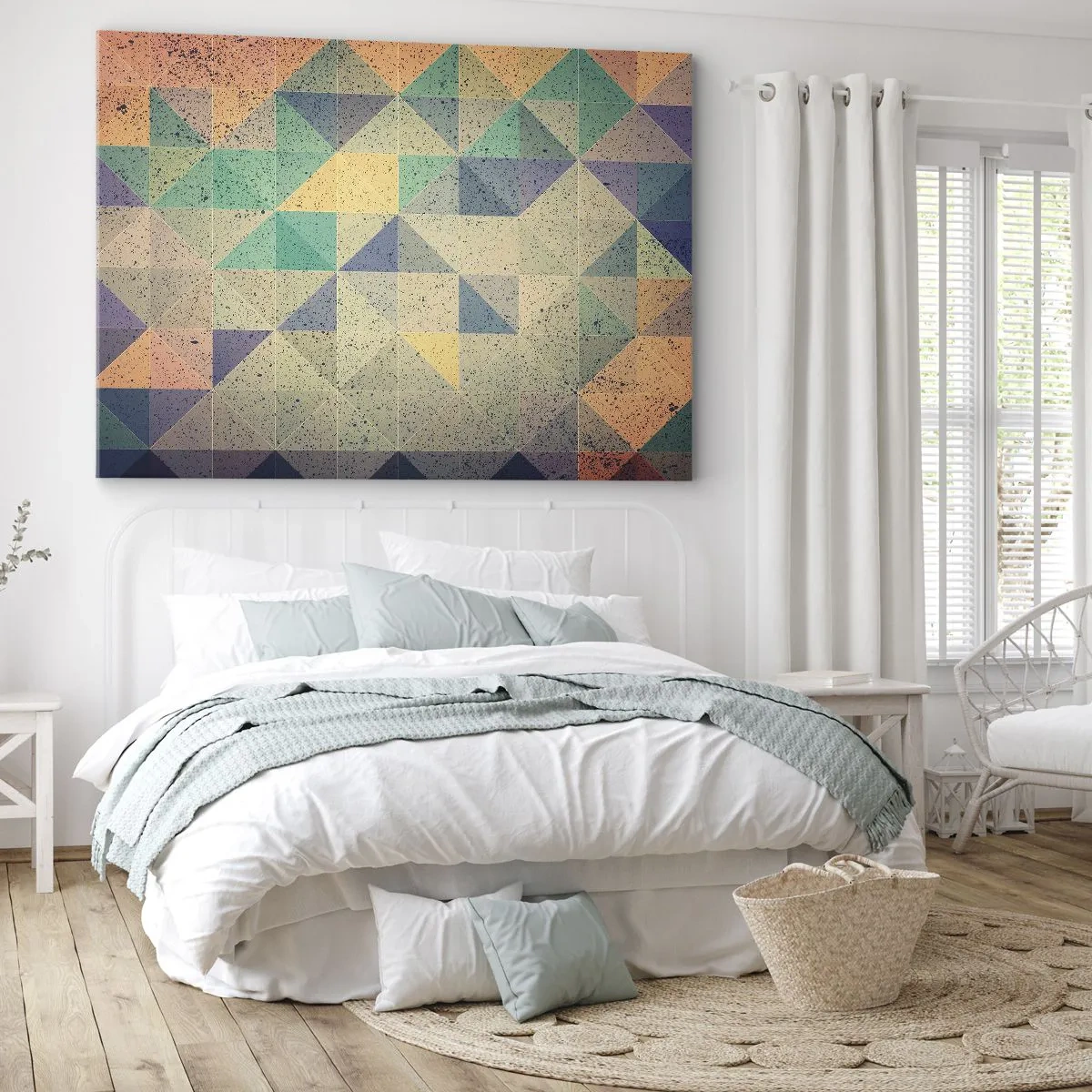 Impression sur toile - Image sur toile - Une composition colorée de triangles géométriques dans des tons pastel. - 70x50cm - République des triangles - Décoration murale moderne pour le salon et la chambre ARTTOR