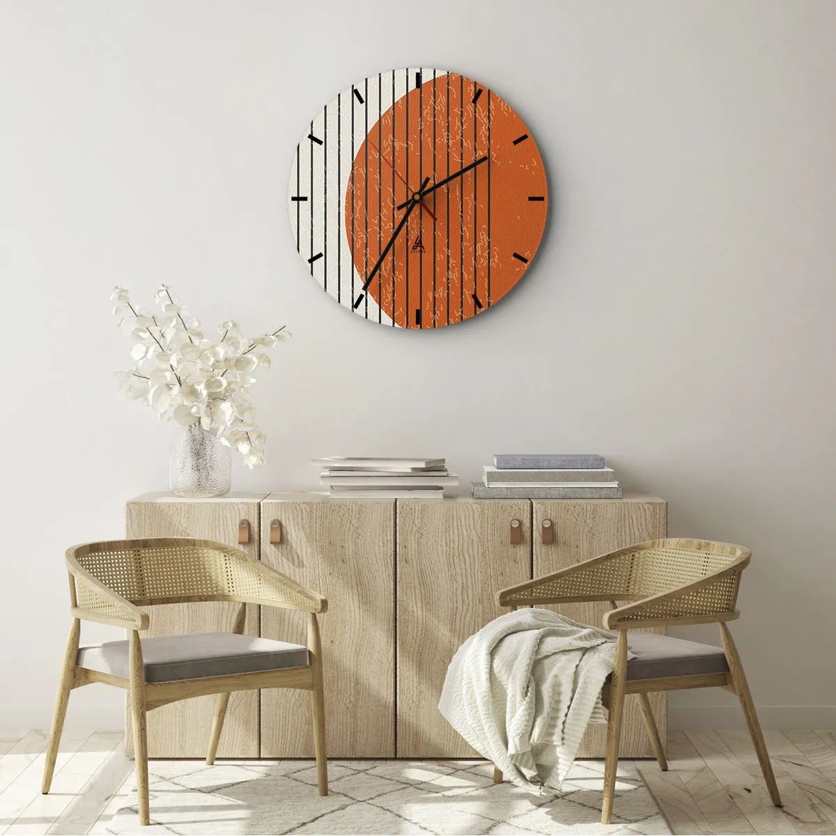 Horloge murale - Pendule murale - Cercle orange et lignes noires sur fond beige - 30x30cm - Toujours le soleil - Décoration murale moderne pour le salon, la cuisine et la chambre ARTTOR