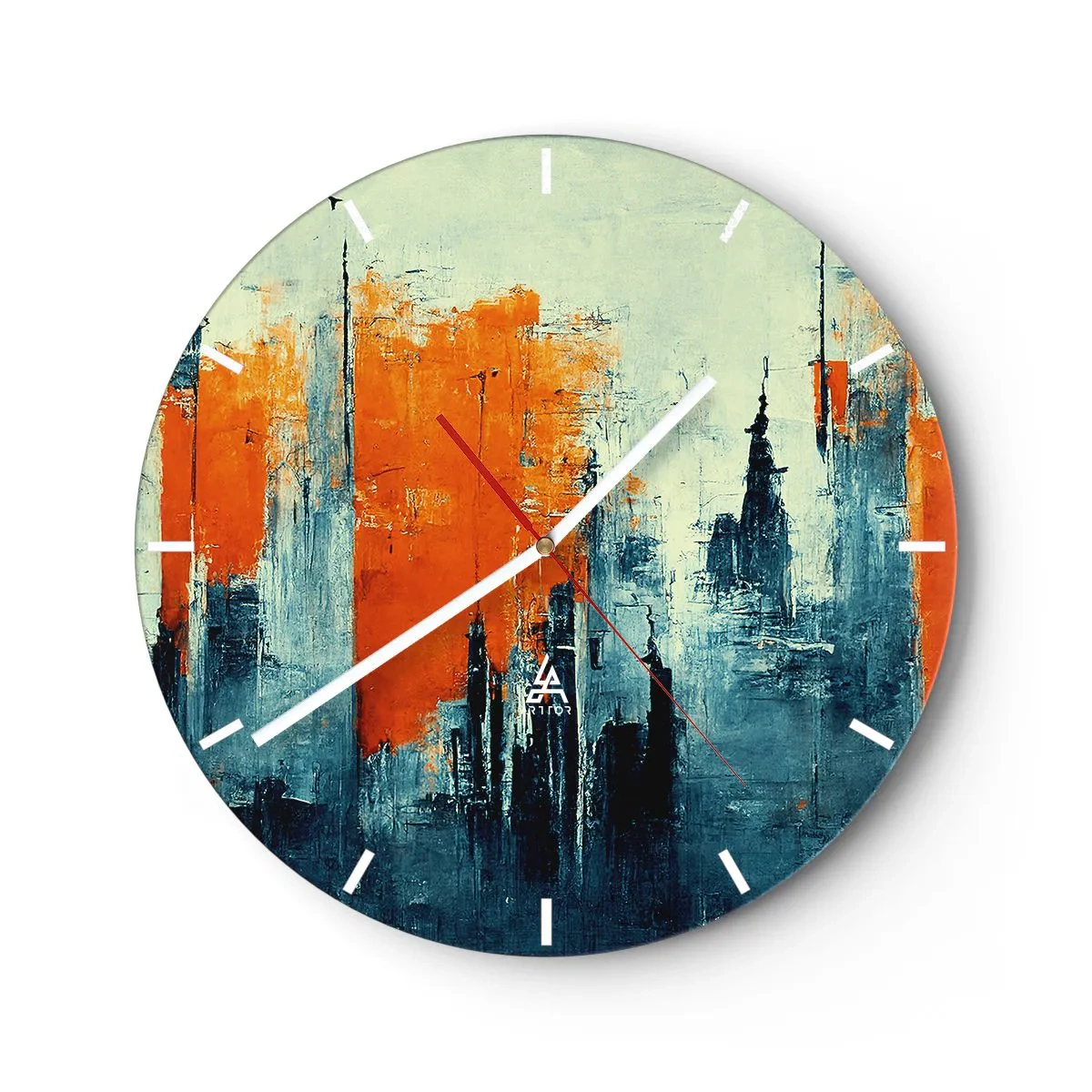 Horloge murale - Pendule murale - Panorama urbain abstrait dans les tons orange et bleu marine - 30x30cm - Paysage moderne - Décoration murale moderne pour le salon, la cuisine et la chambre ARTTOR