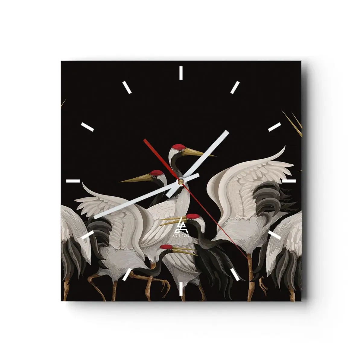 Horloge murale - Pendule murale - Grues blanches avec des accents rouges sur fond noir - 30x30cm - Histoire d'oiseaux - Décoration murale moderne pour le salon et la chambre ARTTOR