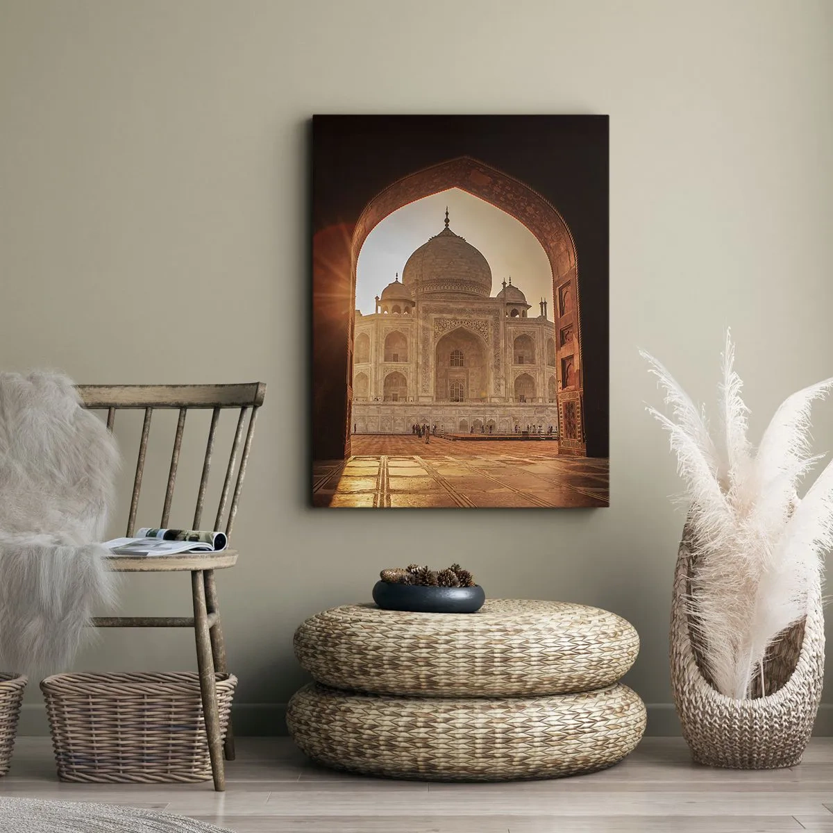 Impression sur toile - Image sur toile - Le Taj Mahal au soleil vu depuis l'arche de la porte - 80x120cm - Un monument à l'amour surnaturel - Décoration murale moderne pour le salon et la chambre ARTTOR